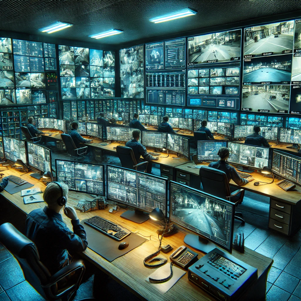 Des murs d'images et des opérateurs de télésurveillance dans un poste de contrôle