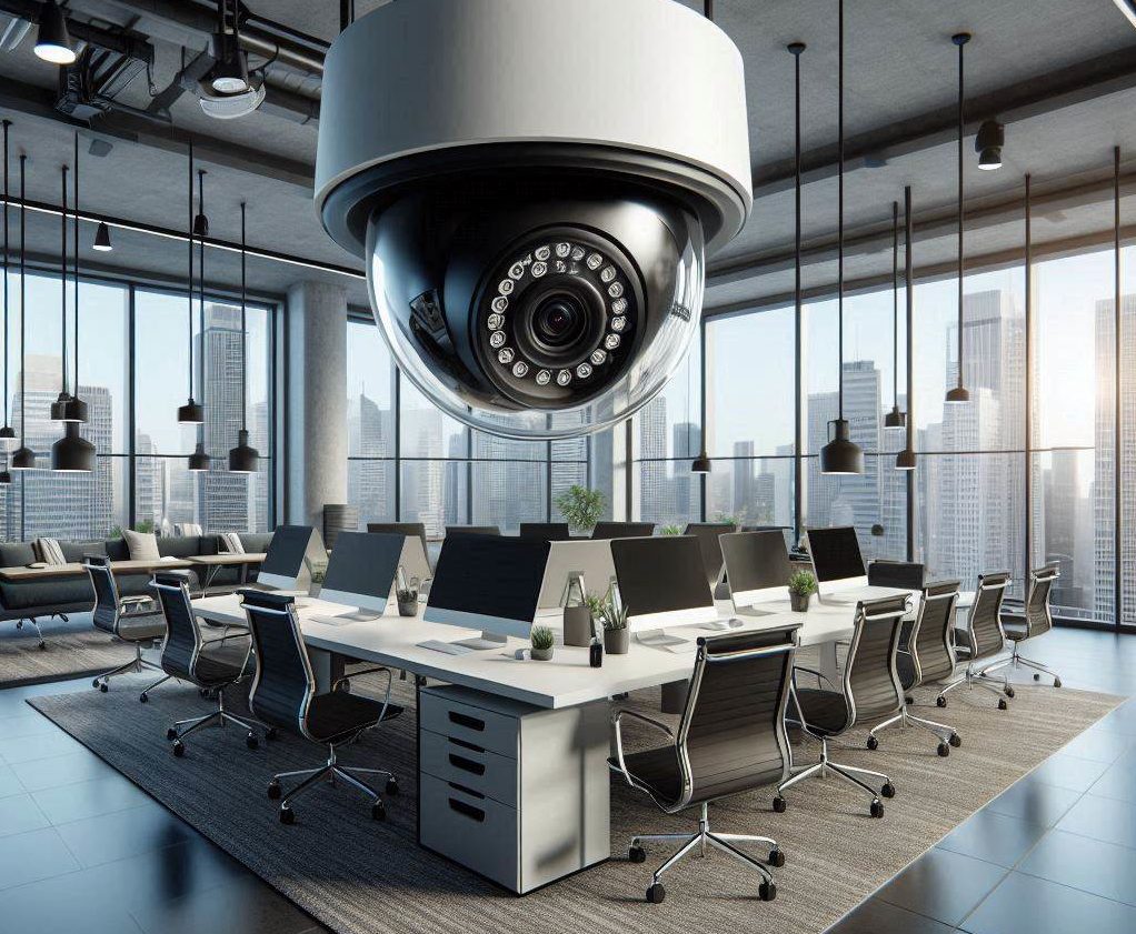 Caméra dôme professionnelle dans un contexte de bureaux tertiaires