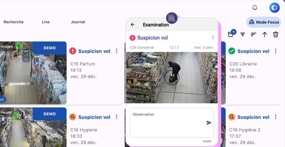 Interface logicielle de videosurveillance avec alertes suspicion vol en magasin