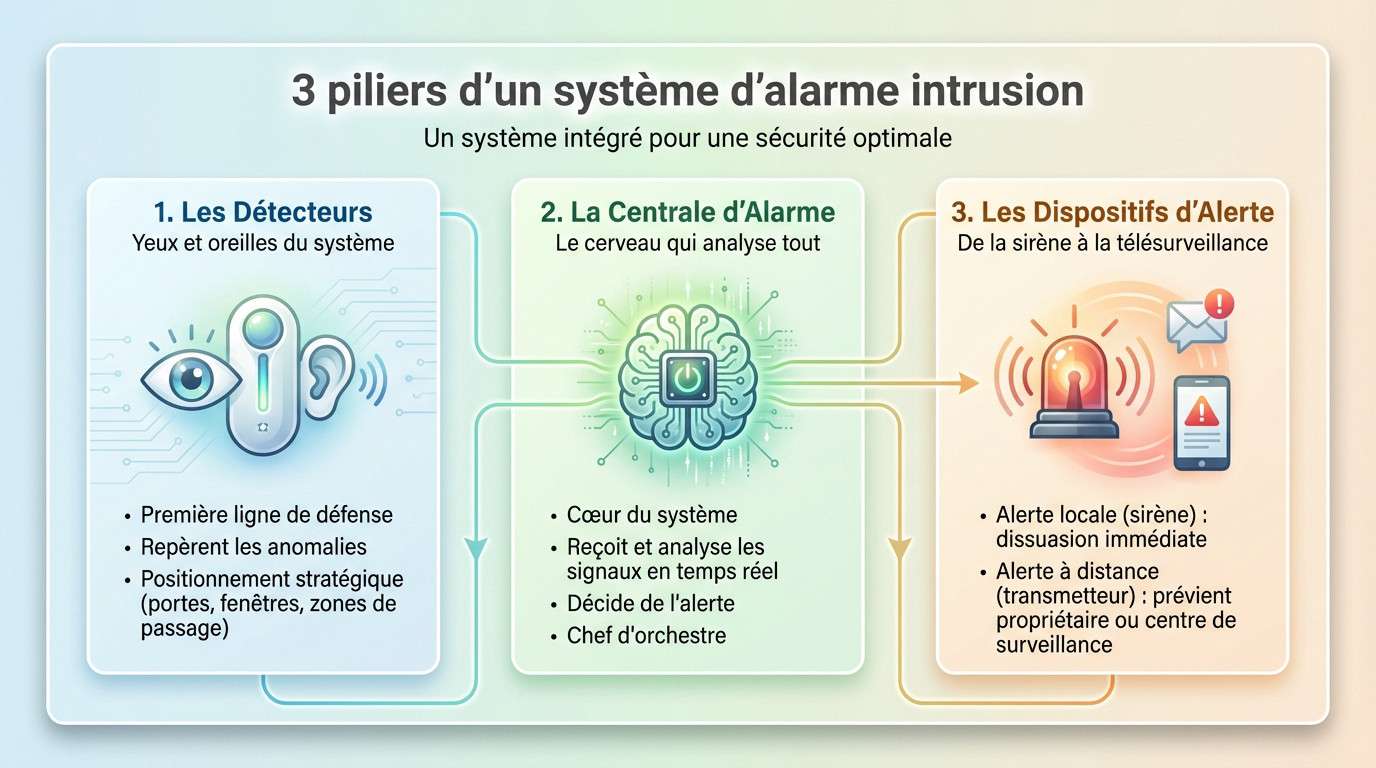 Schéma explicatif des 3 piliers d'un système d'alarme intrusion : détecteurs, centrale et alerte