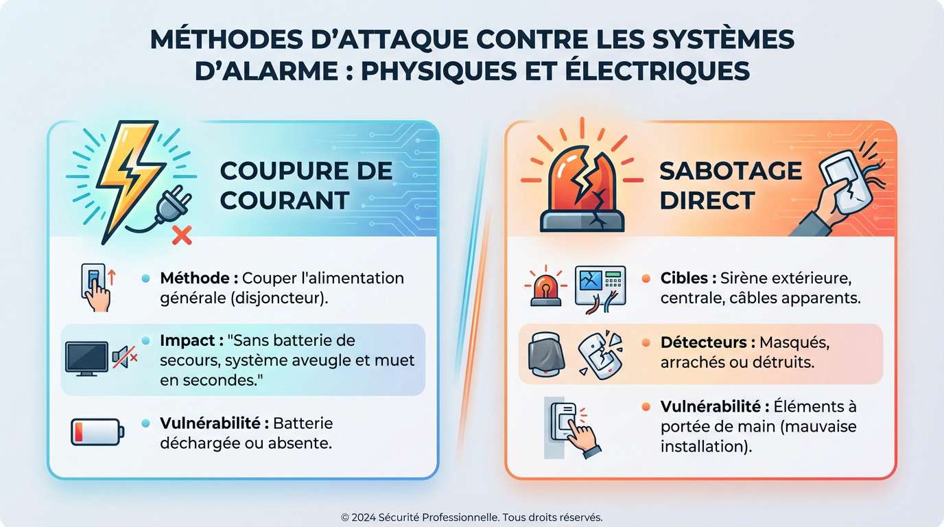 Cambrioleur tentant de saboter physiquement un système d'alarme et de couper le courant
