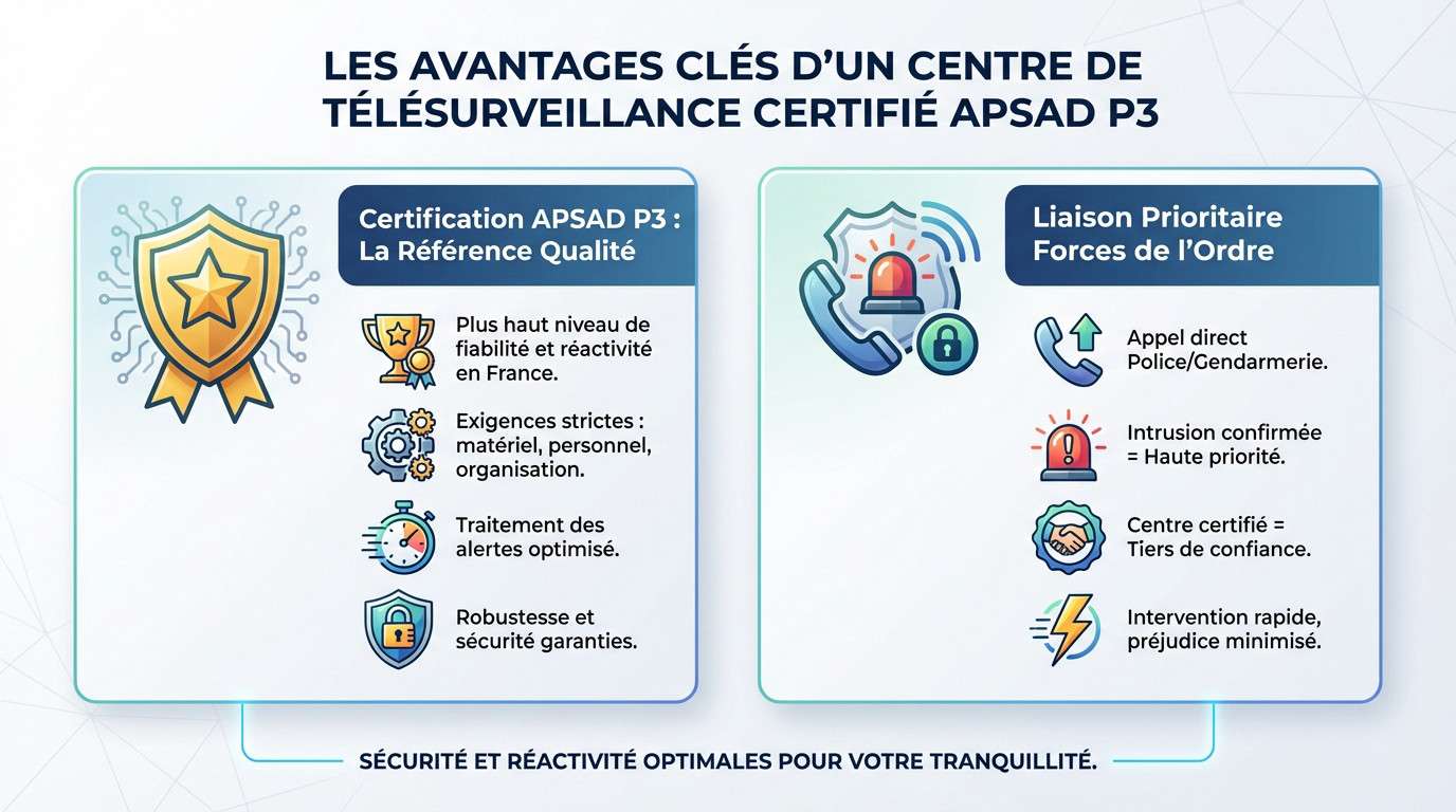 Schéma explicatif des avantages d'un centre de télésurveillance certifié APSAD P3 pour la sécurité des entreprises