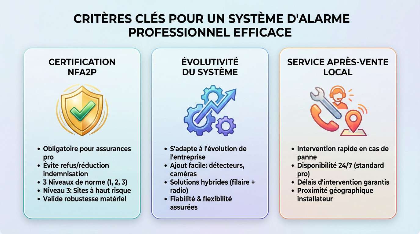 Schéma illustrant les critères techniques NFA2P et SAV pour une alarme entreprise efficace