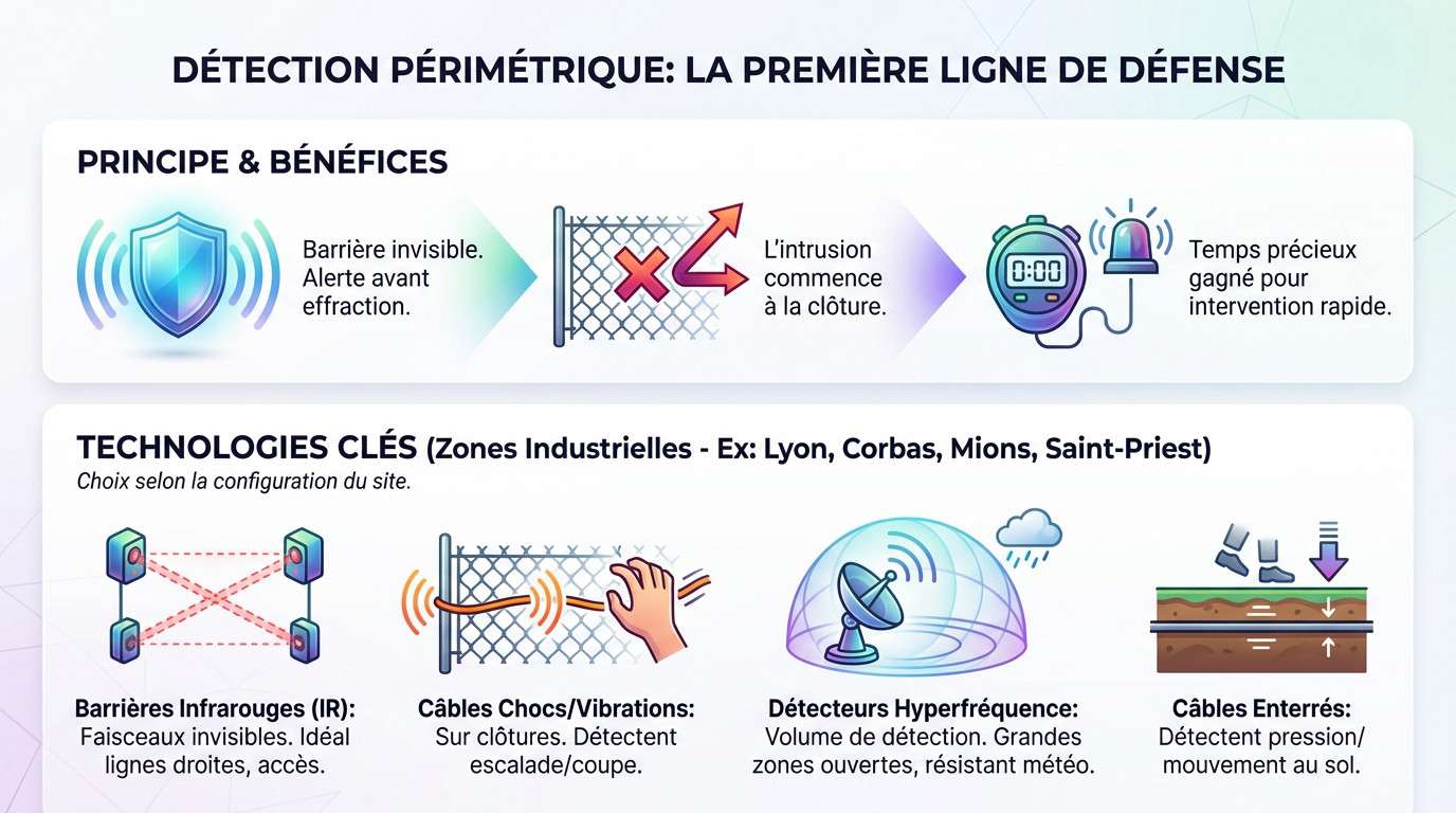 Installation de détection périmétrique avec barrières infrarouges protégeant un site industriel