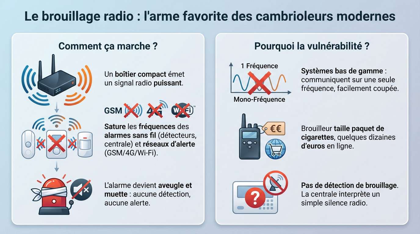 Cambrioleur utilisant un brouilleur d'ondes pour neutraliser une alarme sans fil