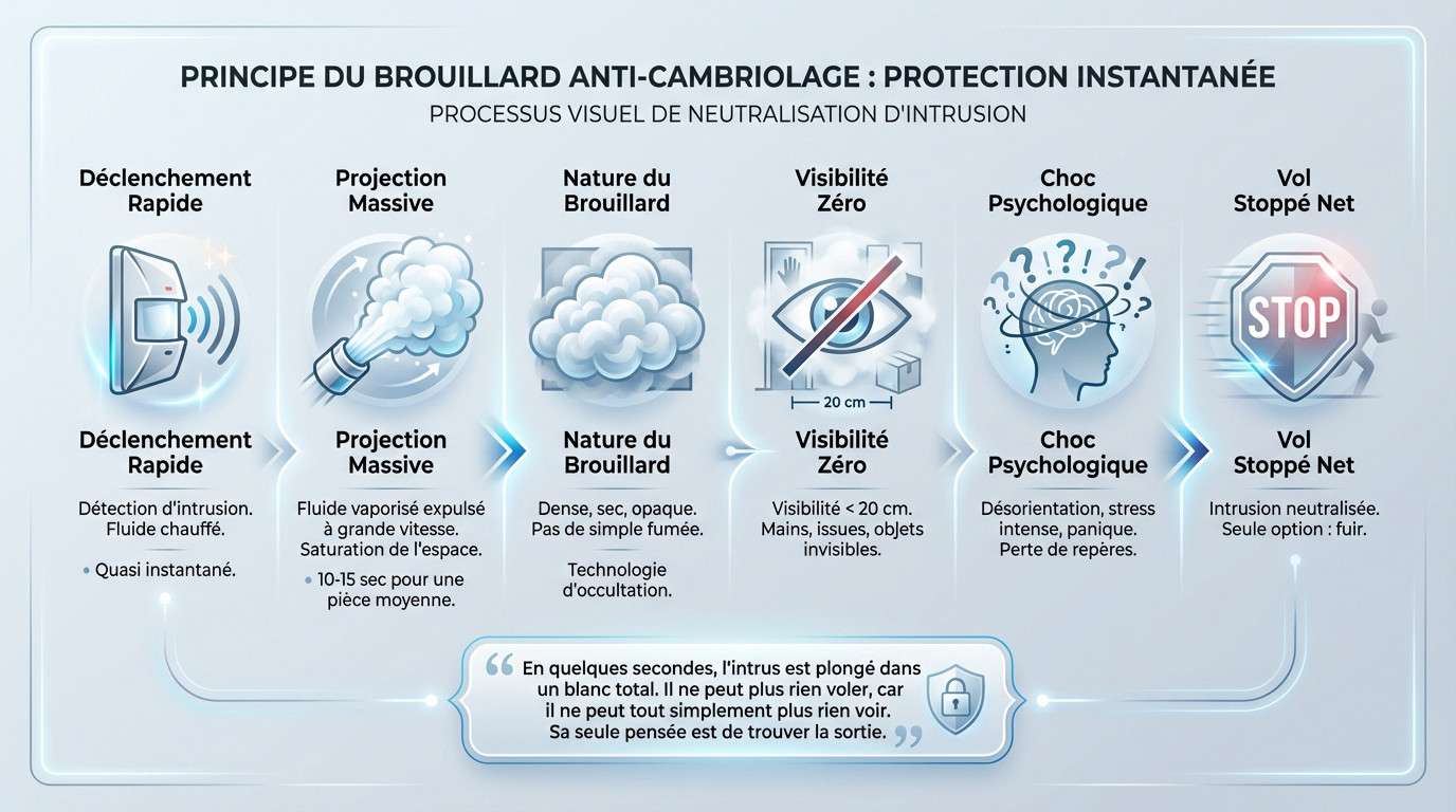 Schéma explicatif de la diffusion rapide d'un brouillard opacifiant dans une pièce