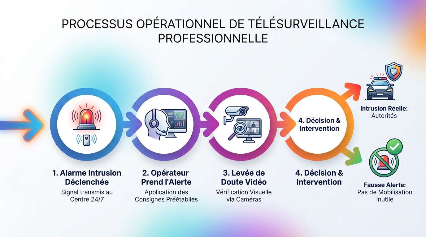 Schéma du processus opérationnel de télésurveillance professionnelle : de la détection à l'intervention