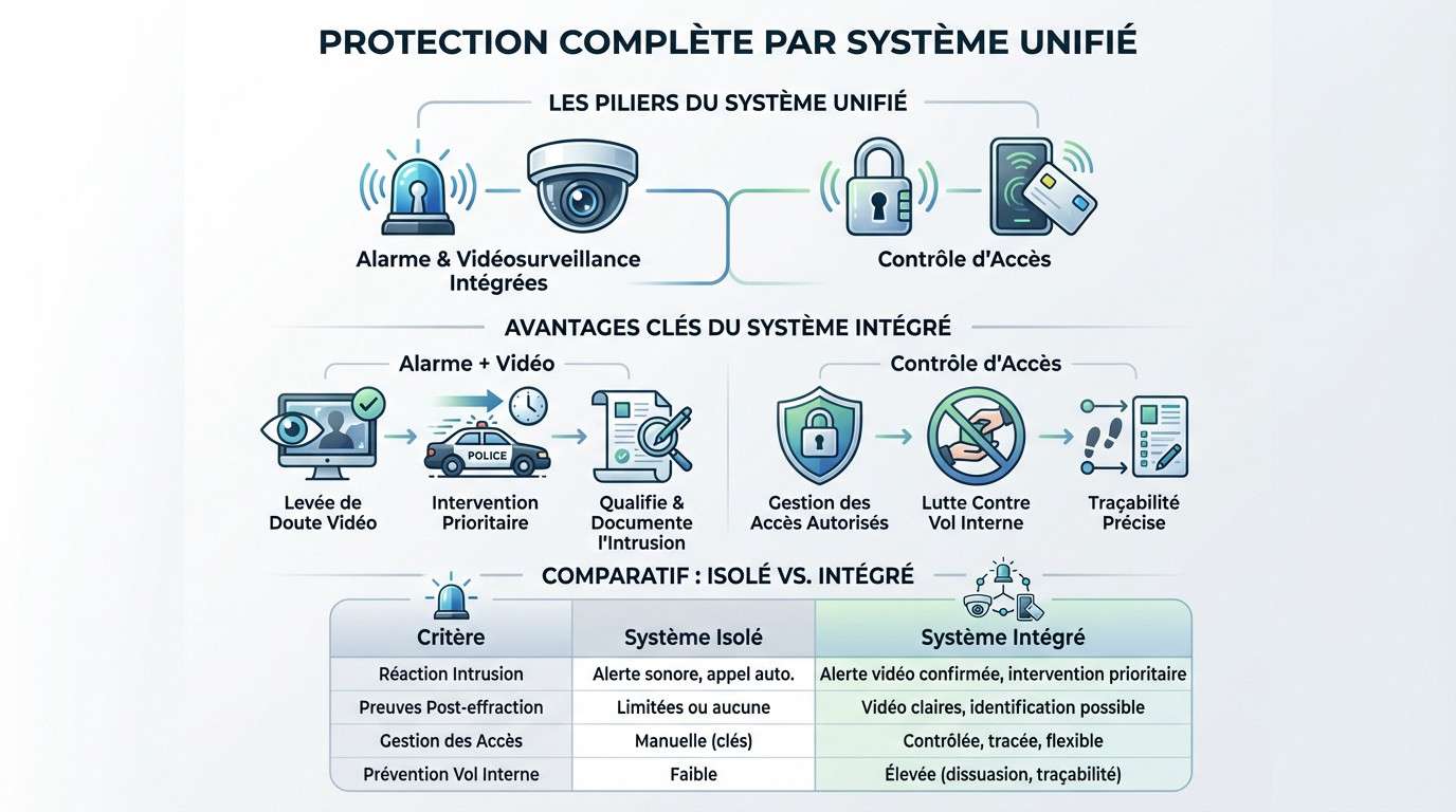 Schéma illustrant l'intégration alarme vidéo et contrôle d'accès pour un commerce