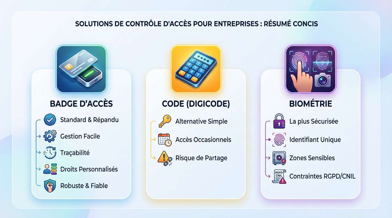 Comparatif solutions contrôle d'accès entreprise : badge, code et biométrie