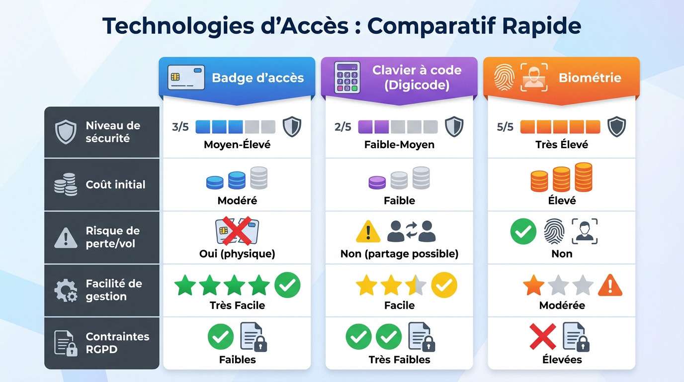 Tableau comparatif des technologies de contrôle d'accès : badge, code et biométrie