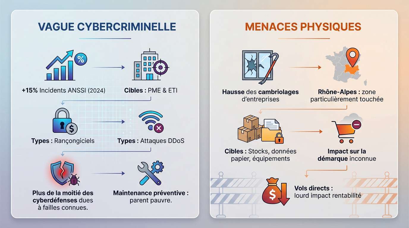 Graphique illustrant la hausse des cyberattaques et des cambriolages en entreprise en 2024