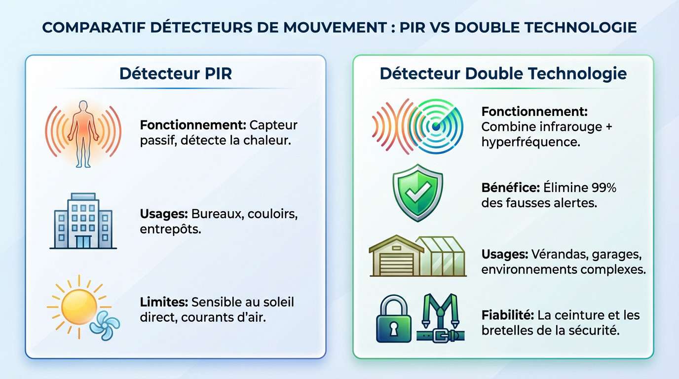 Schéma comparatif du fonctionnement entre un détecteur de mouvement PIR standard et un capteur double technologie