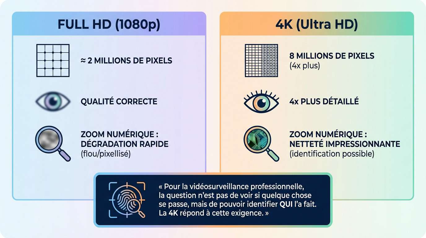 Comparaison visuelle montrant la différence de détails entre une image Full HD floue et une image 4K nette
