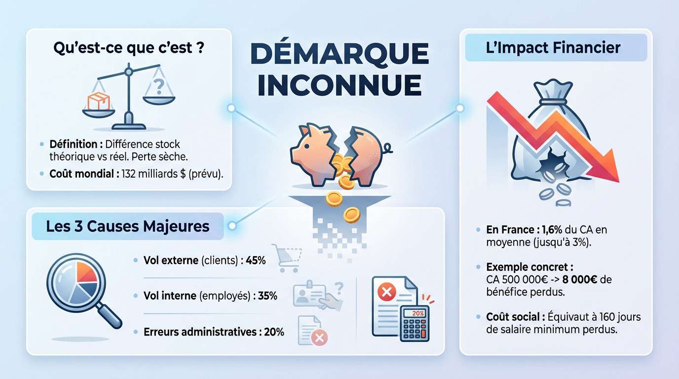 Graphique illustrant les causes et l'impact financier de la démarque inconnue pour les commerçants
