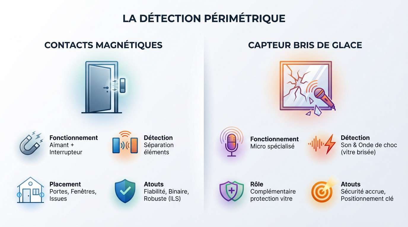 Schéma illustrant le fonctionnement des contacts magnétiques et capteurs de bris de glace