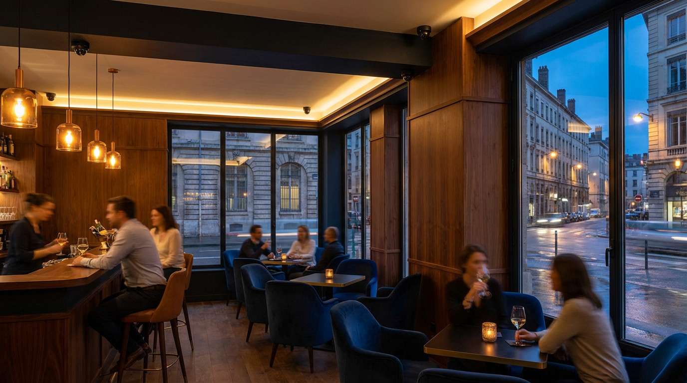 Secure et stylish urban bar hospitality at dusk