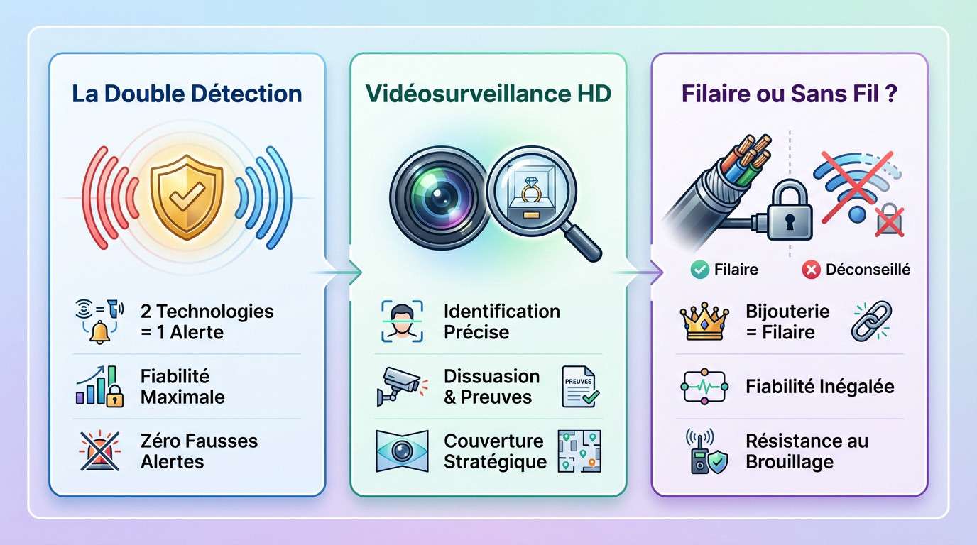 Système de sécurité pour bijouterie avec double détection et vidéosurveillance haute définition