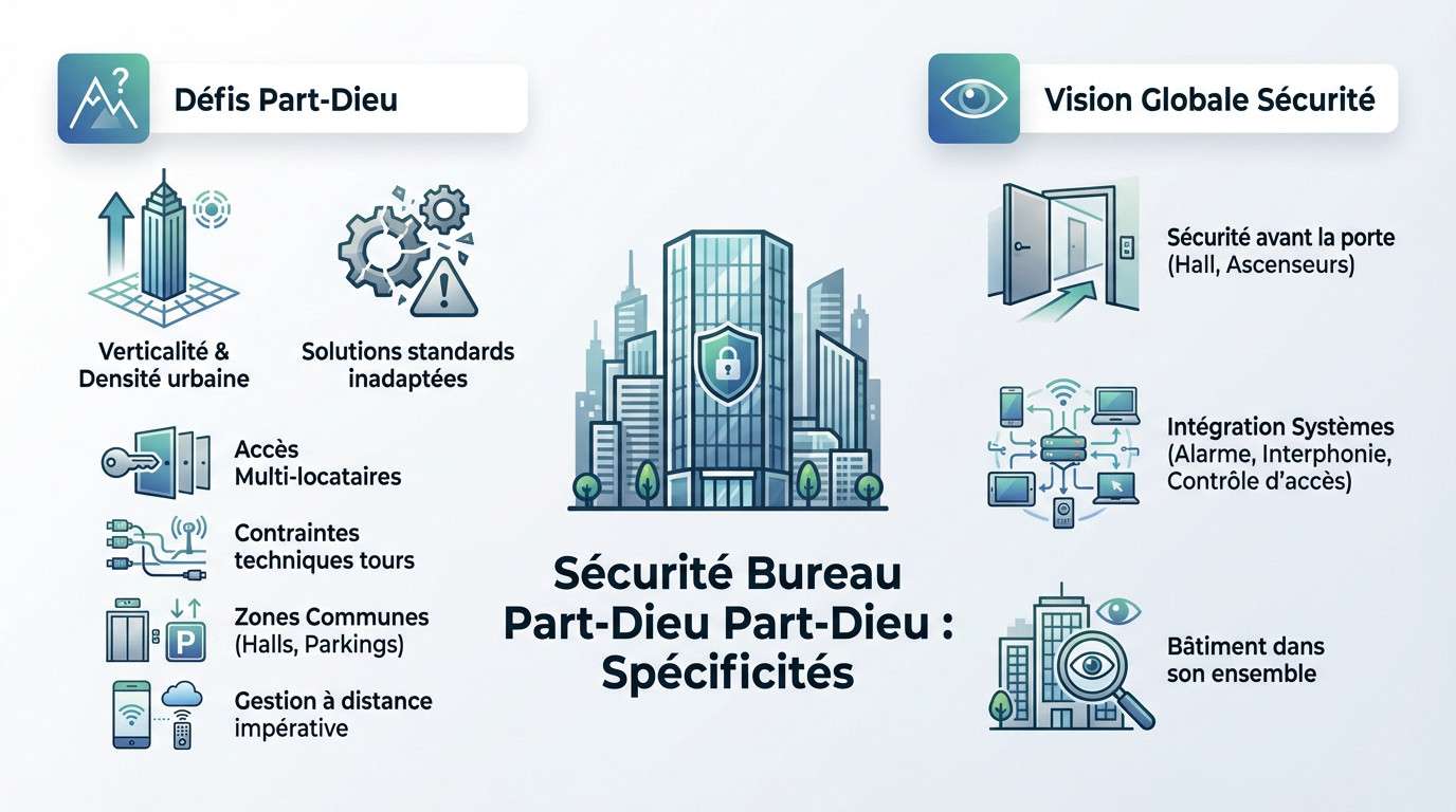 Panorama des tours de la Part-Dieu illustrant la complexité de la sécurité des bureaux en hauteur et multi-locataires