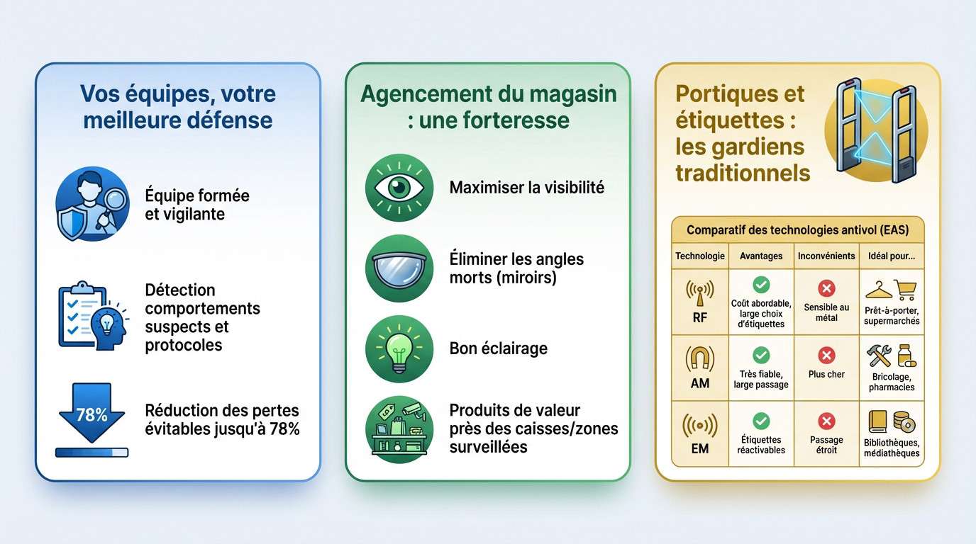 Équipe de vente surveillant un magasin bien agencé avec des portiques de sécurité