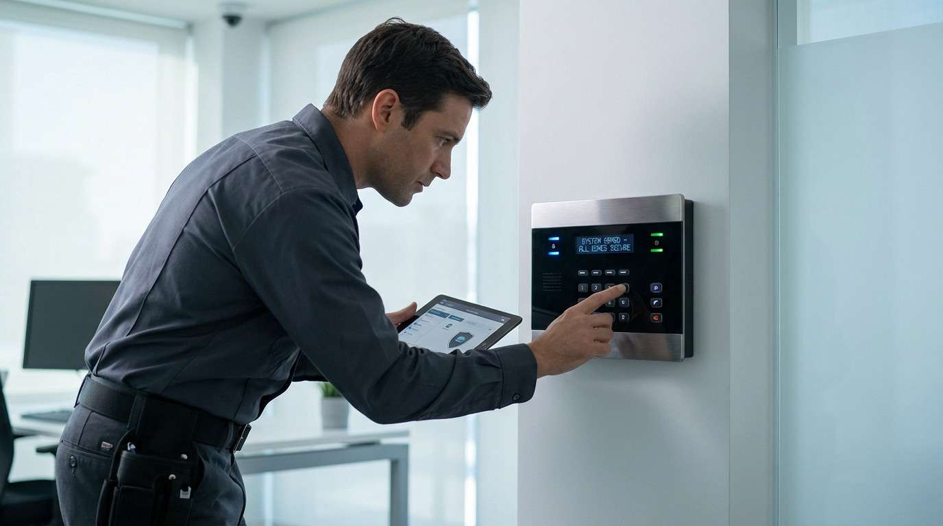 Ensuring security technician with alarm panel