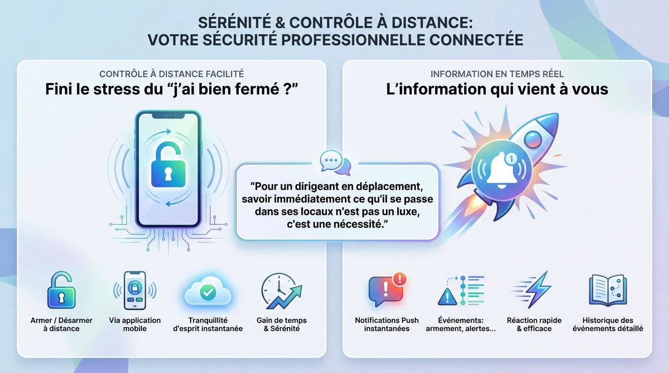 Dirigeant utilisant une application d'alarme connectée sur smartphone pour sécuriser son entreprise à distance