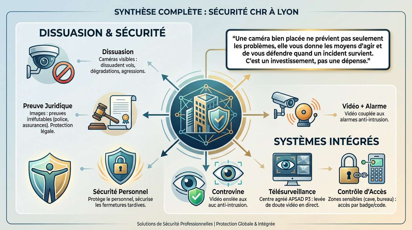 Schéma d'un système de sécurité complet pour restaurant à Lyon incluant caméras, alarme et contrôle d'accès