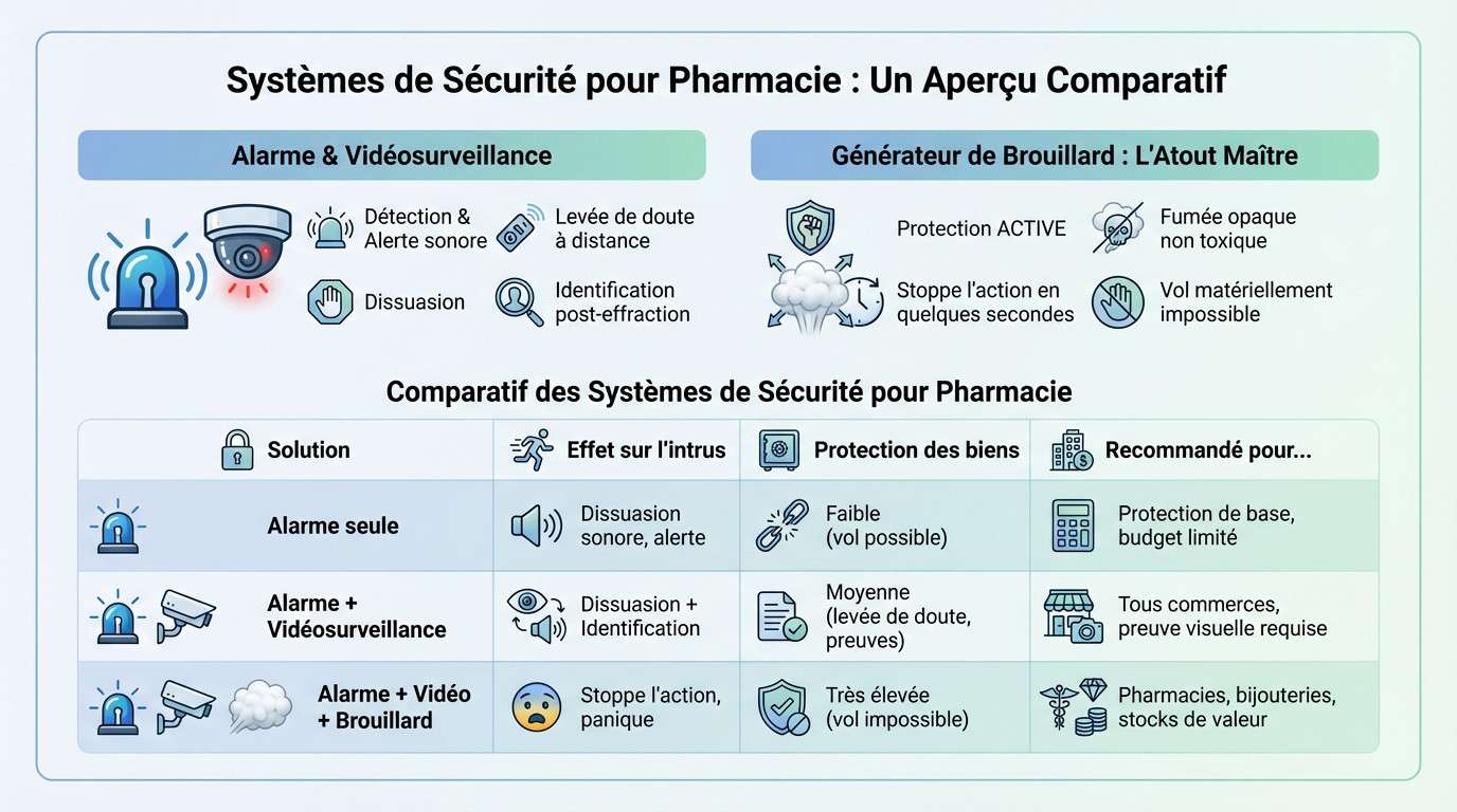 Tableau comparatif des systèmes de sécurité pour pharmacie : alarme, vidéo et brouillard