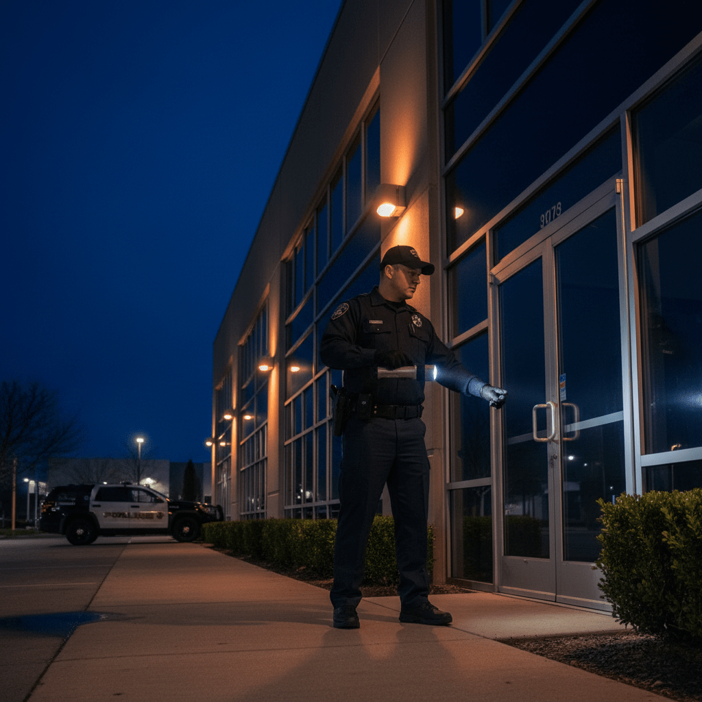 Agent de securite effectuant une ronde de nuit