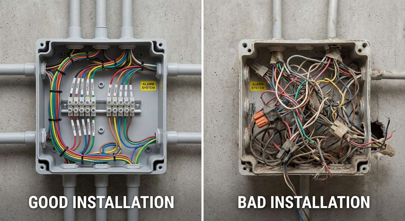 Câblage et boîtier de jonction d'un système d'alarme professionnel