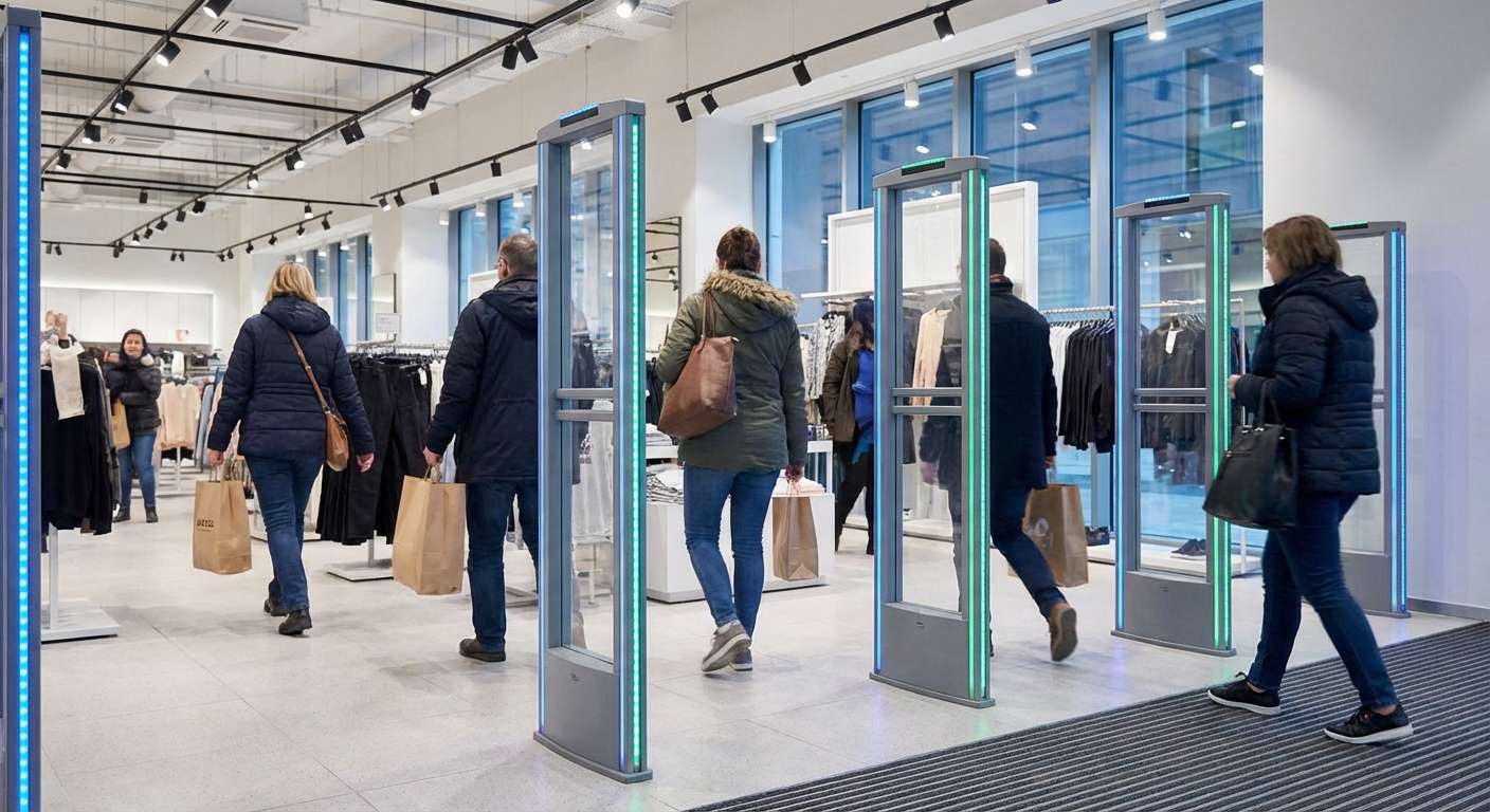 Portique antivol électronique installé à l'entrée d'un commerce