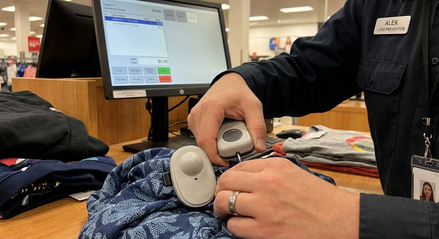 Retrait d’un antivol sur un vêtement au comptoir de caisse