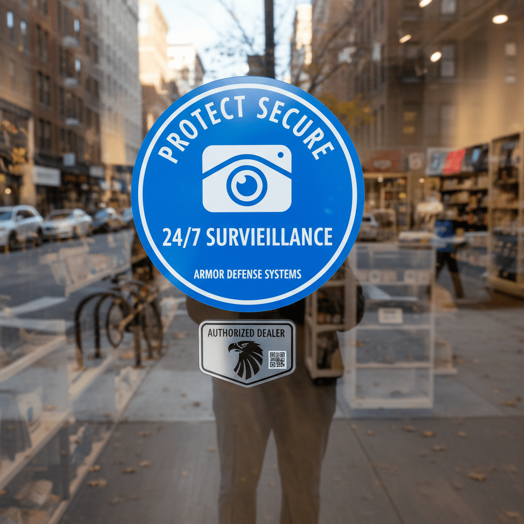 Autocollant de télésurveillance sur la vitrine d'un commerce