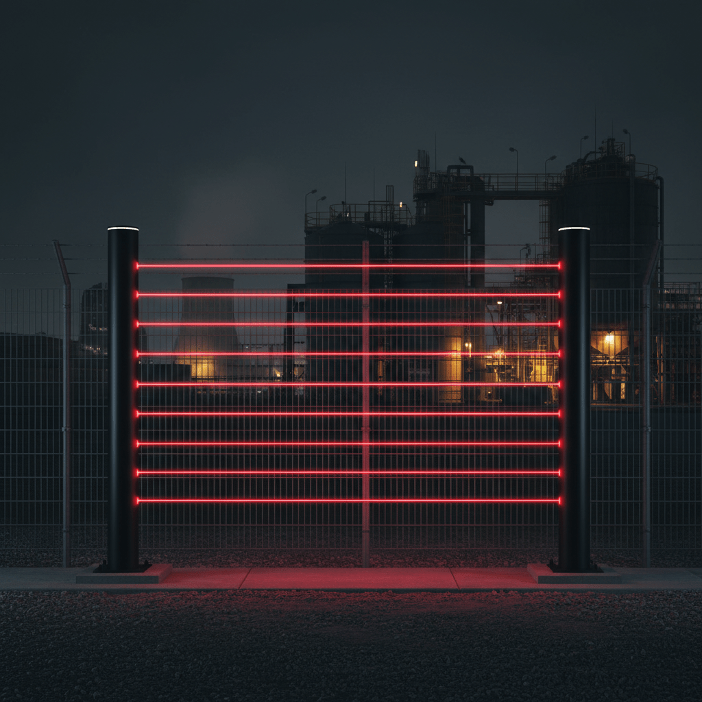 Barrière infrarouge périmétrique installée le long d'une clôture de sécurité la nuit