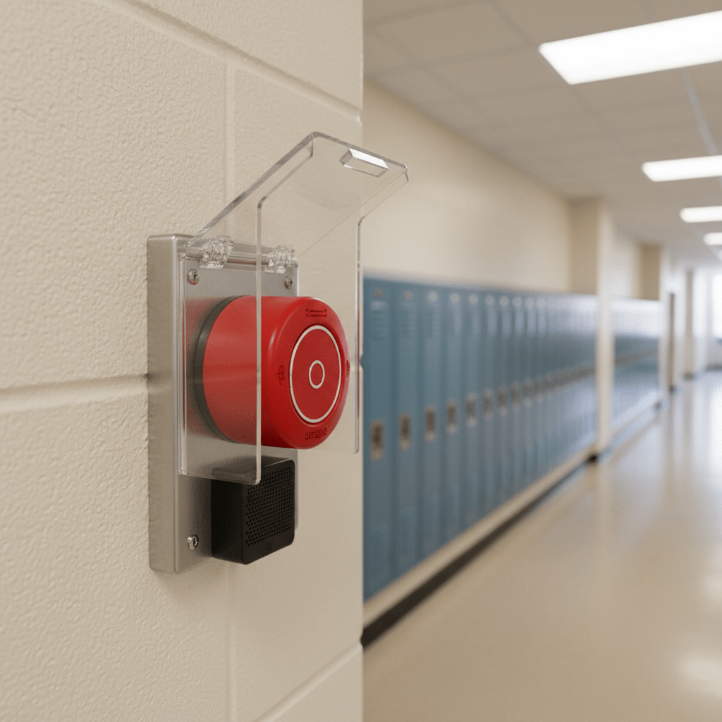 Bouton alarme urgence rouge installé dans couloir établissement scolaire