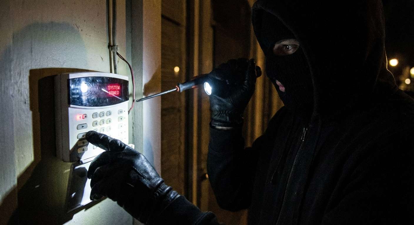 Cambrioleur devant un panneau d'alarme tentant de le désactiver