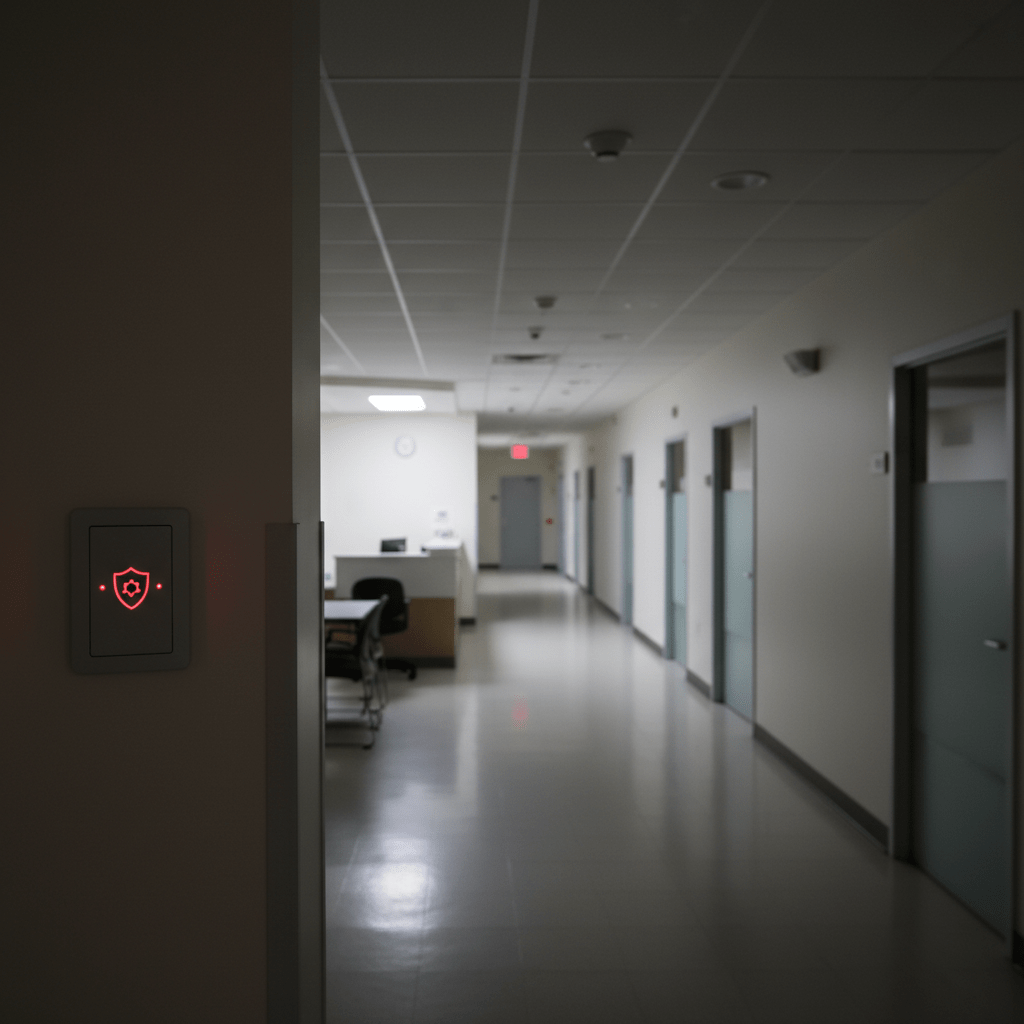 Cabinet médical vide la nuit avec voyant alarme anti-intrusion activée près de entrée