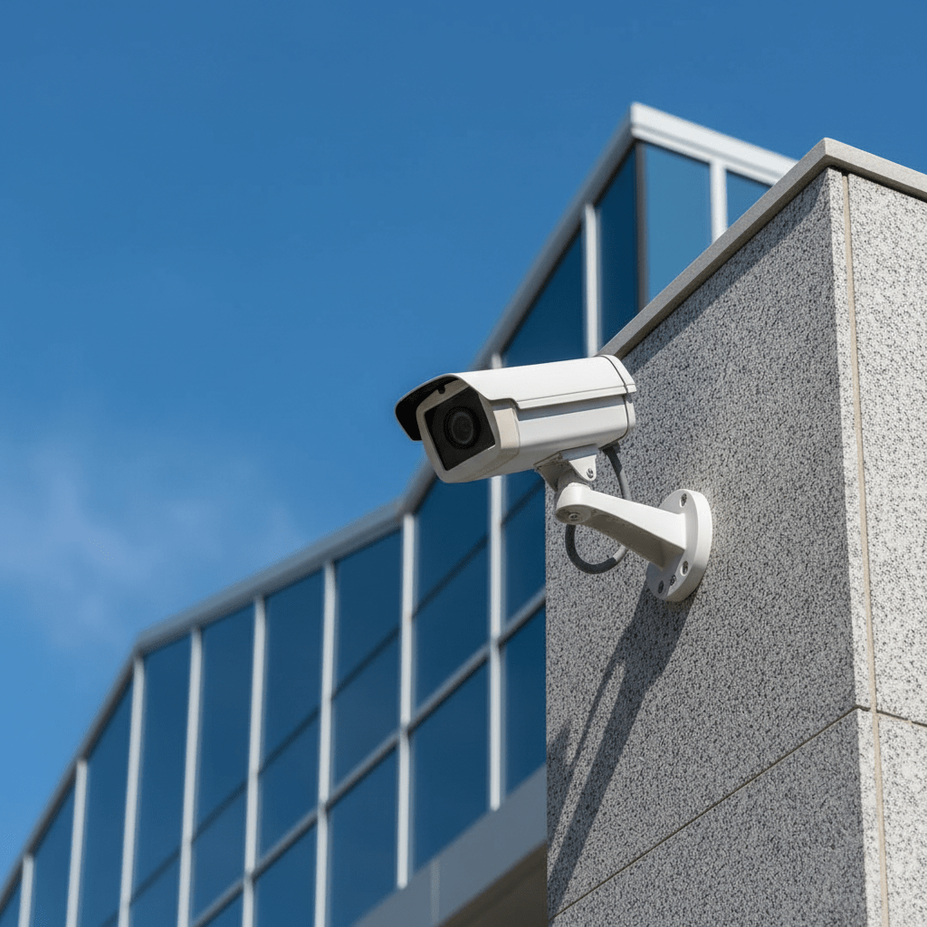 Camera de surveillance 4K installee sur un batiment commercial