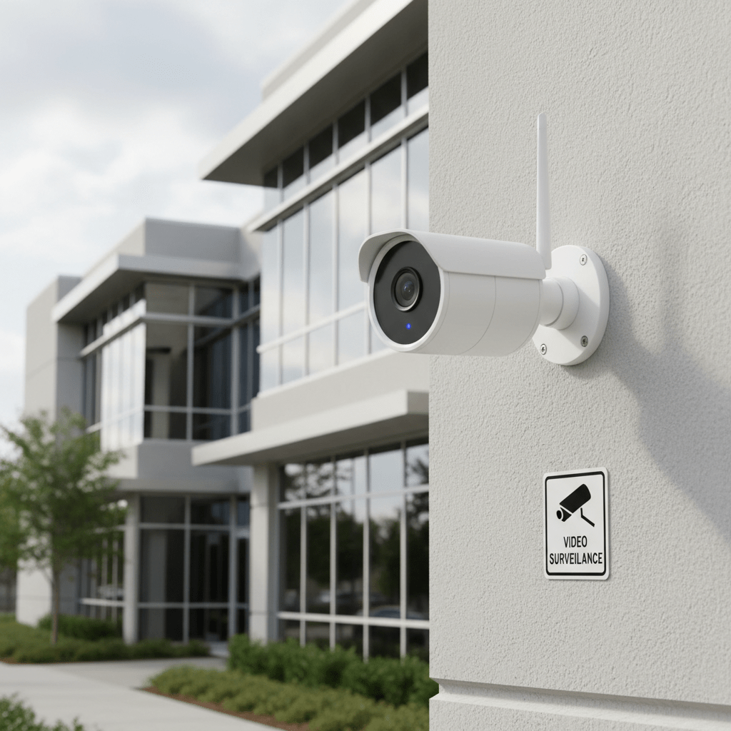 Caméra bullet sans fil avec antenne fixée au mur extérieur d'un bâtiment, panneau vidéosurveillance