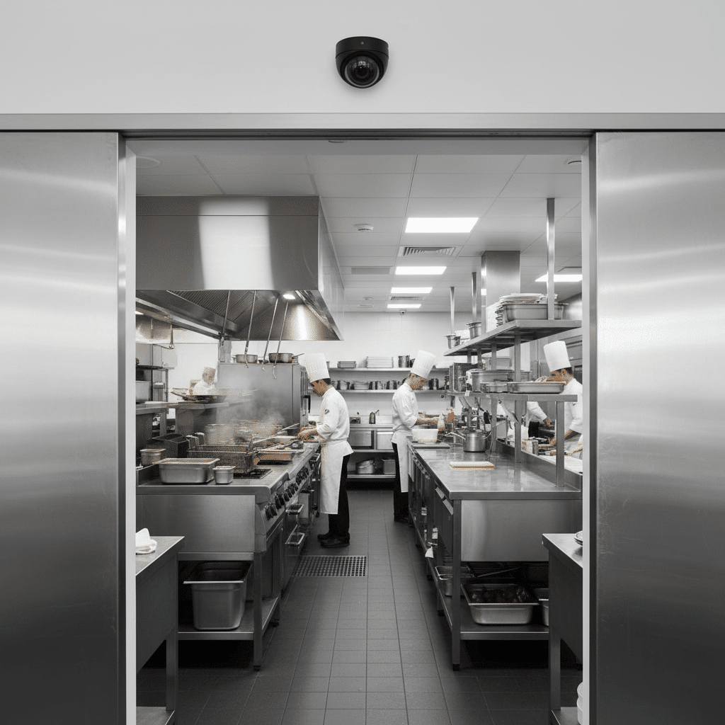 Caméra de sécurité à l'entrée de la cuisine d'un restaurant