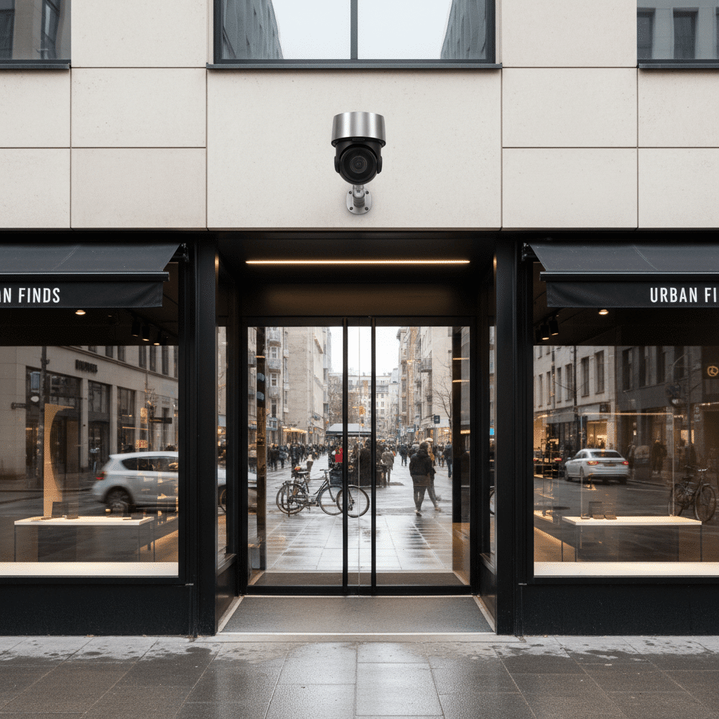 Camera de surveillance installee au-dessus de l entree d un commerce
