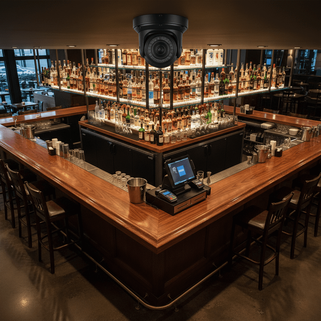 Caméra de surveillance derrière le comptoir du bar d'un restaurant