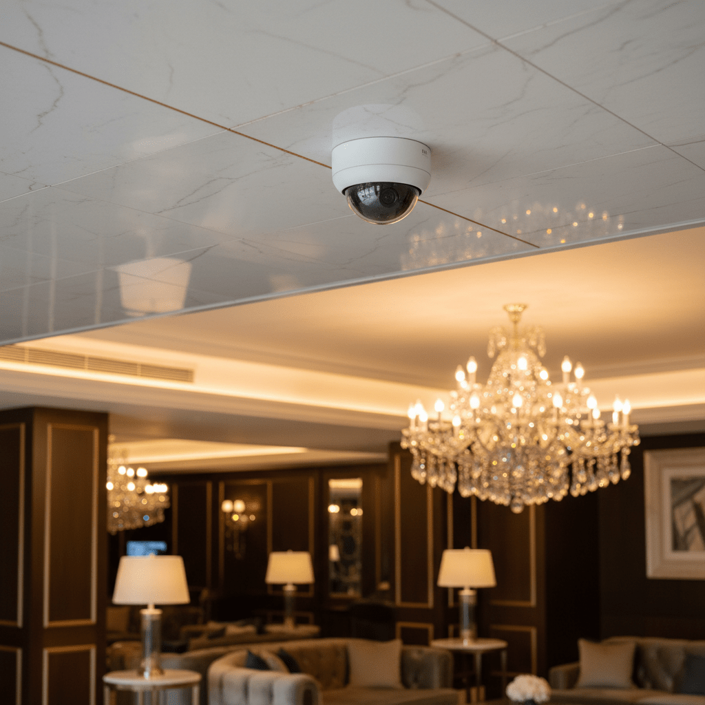 Caméra dôme discrète au plafond marbré du hall d'un hôtel près d'un lustre en cristal