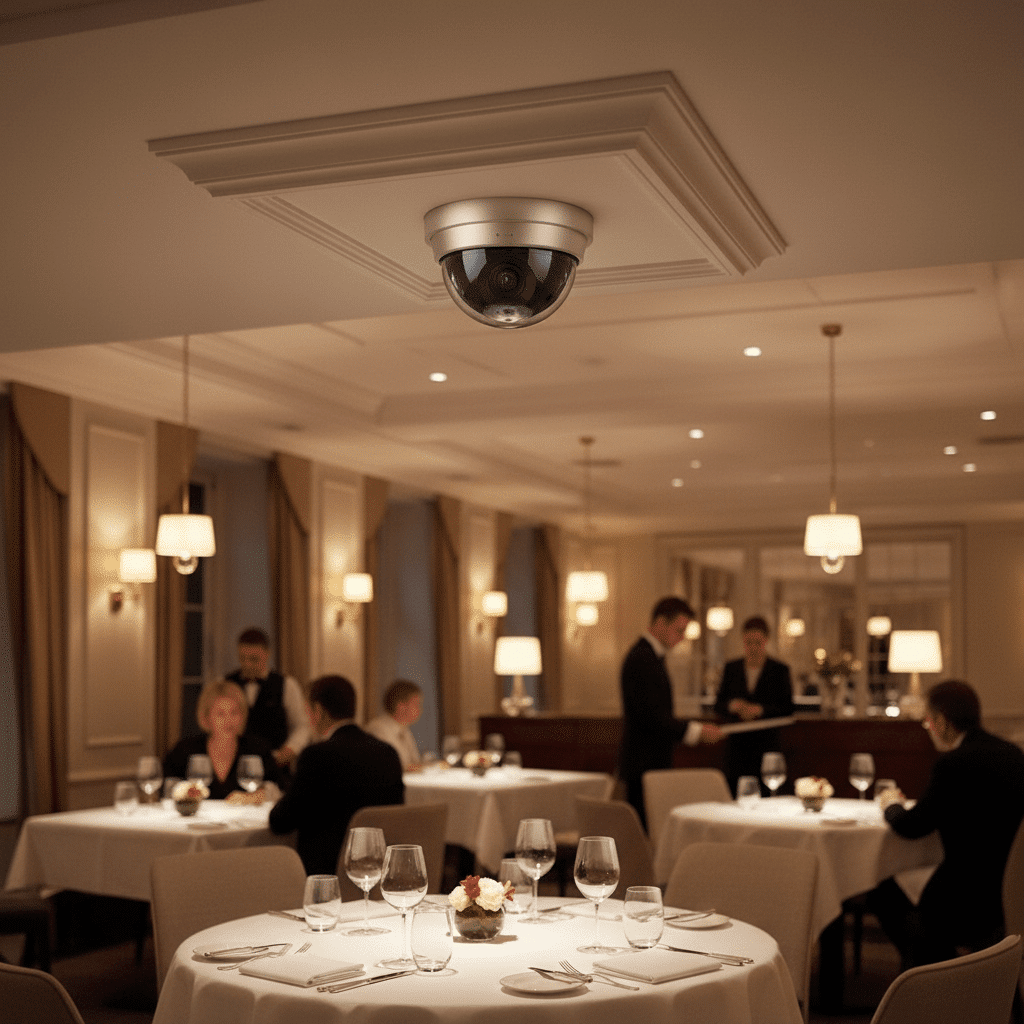 Caméra dôme discrète installée au plafond d'un restaurant élégant