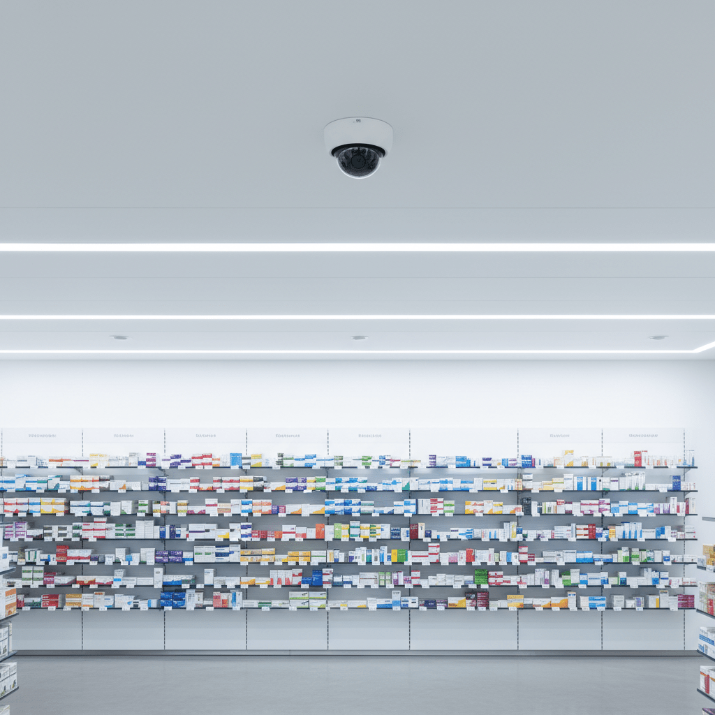 Camera dome discrete installee dans une pharmacie moderne