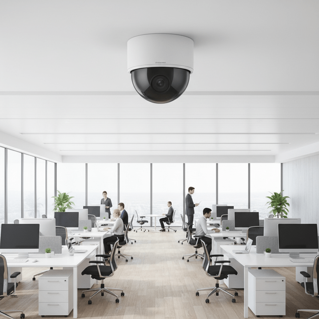 Camera dome de securite au plafond d un bureau d entreprise