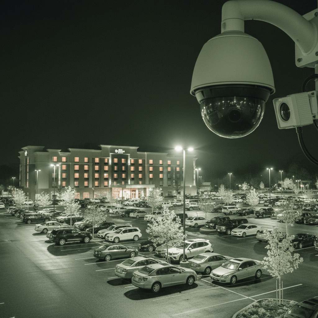 Caméra de surveillance couvrant le parking extérieur d’un hôtel la nuit avec vision infrarouge