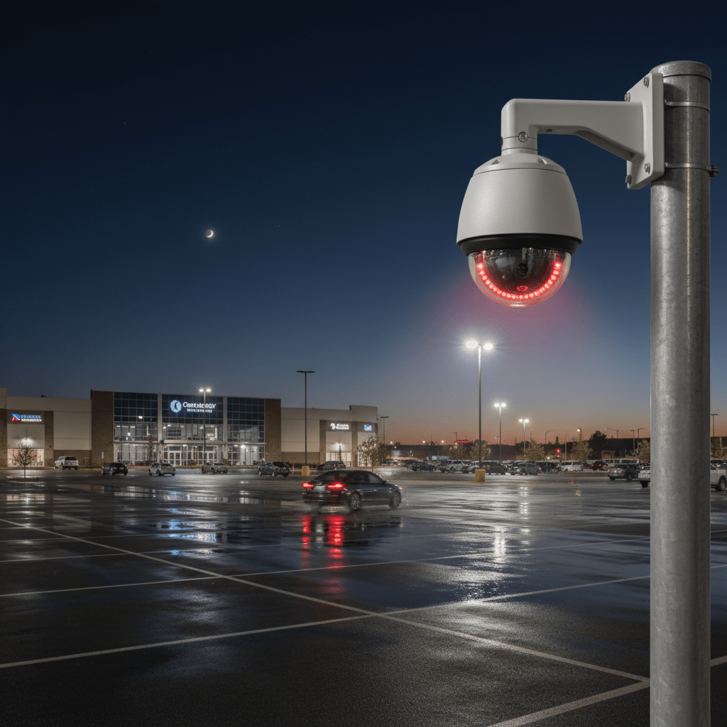 Caméra PTZ en mode suivi automatique surveillant un parking commercial de nuit