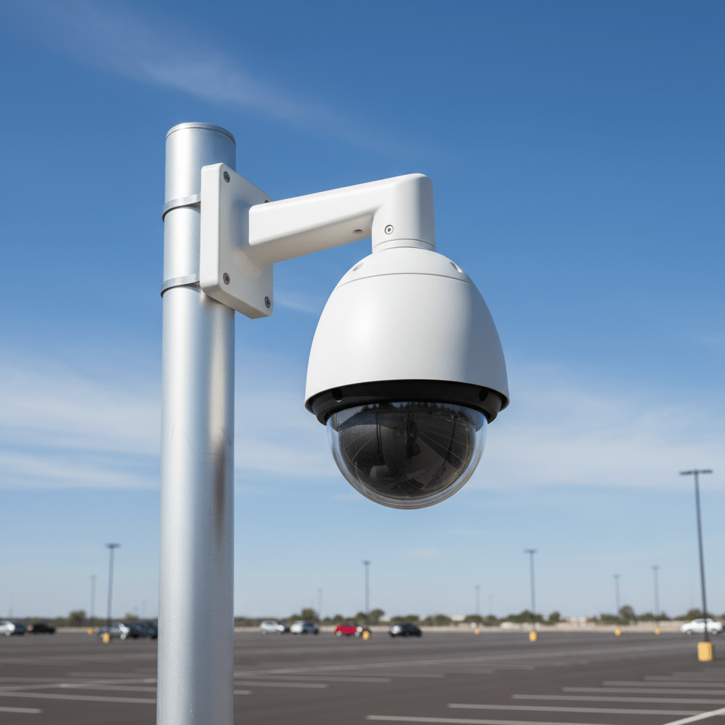 Caméra PTZ professionnelle en dôme montée sur un mât de surveillance extérieur