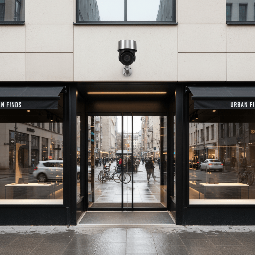 Camera de surveillance installee au-dessus de l entree d un commerce