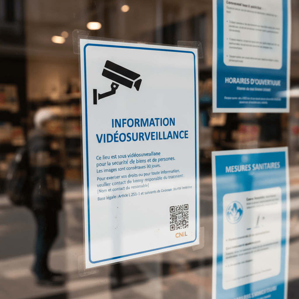 Panneau d information videosurveillance conforme RGPD dans un magasin